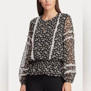 NWT Lauren Ralph Lauren Flowy Sheer Ruffle-Trim Georgette Top Size Large *Flaw